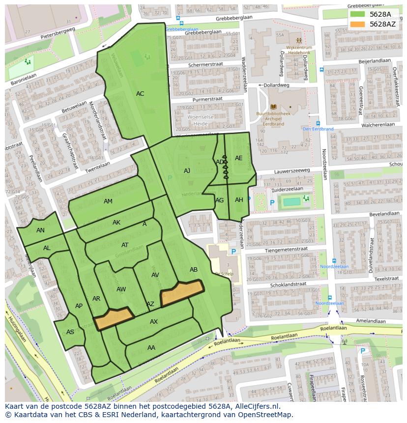 Afbeelding van het postcodegebied 5628 AZ op de kaart.