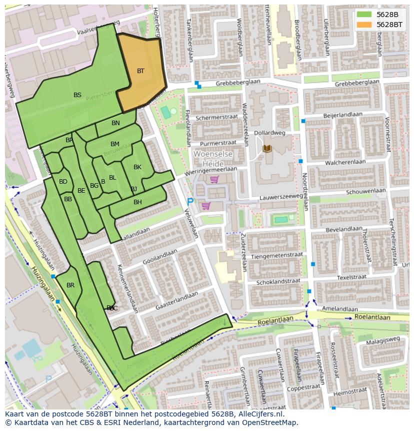 Afbeelding van het postcodegebied 5628 BT op de kaart.