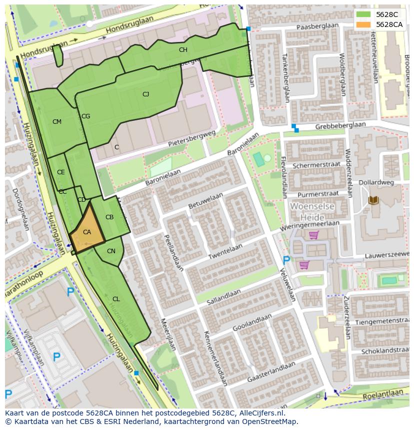Afbeelding van het postcodegebied 5628 CA op de kaart.