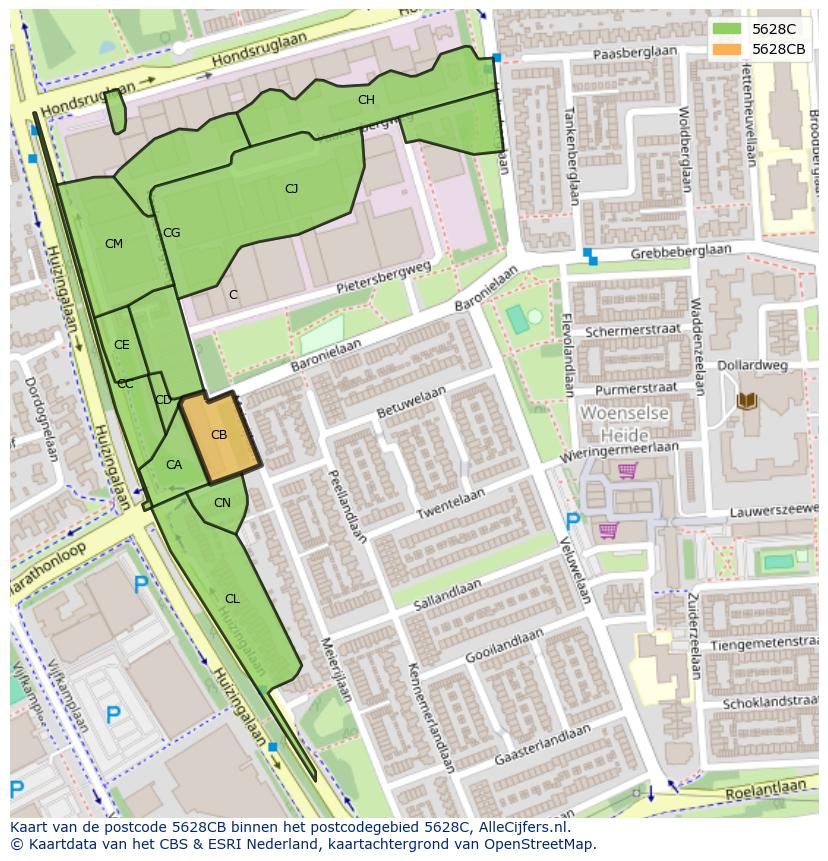 Afbeelding van het postcodegebied 5628 CB op de kaart.