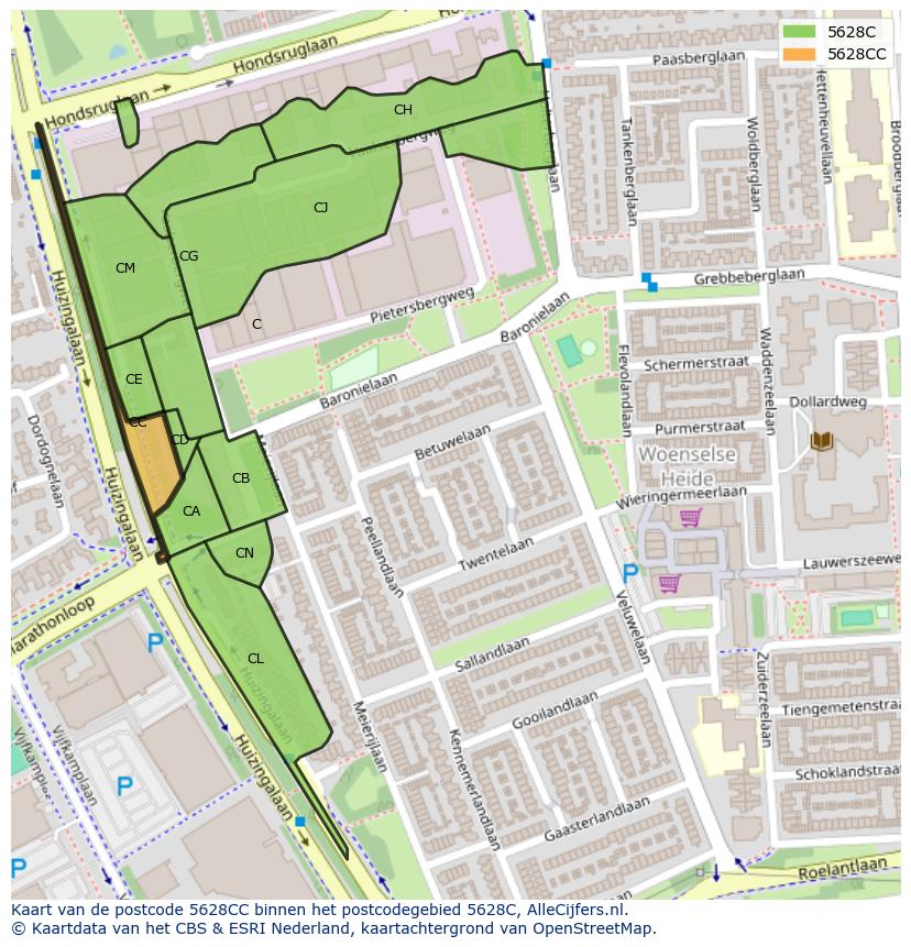 Afbeelding van het postcodegebied 5628 CC op de kaart.
