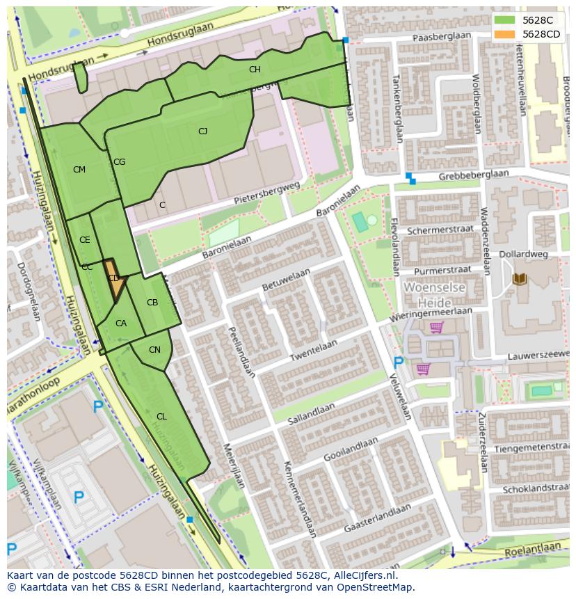 Afbeelding van het postcodegebied 5628 CD op de kaart.