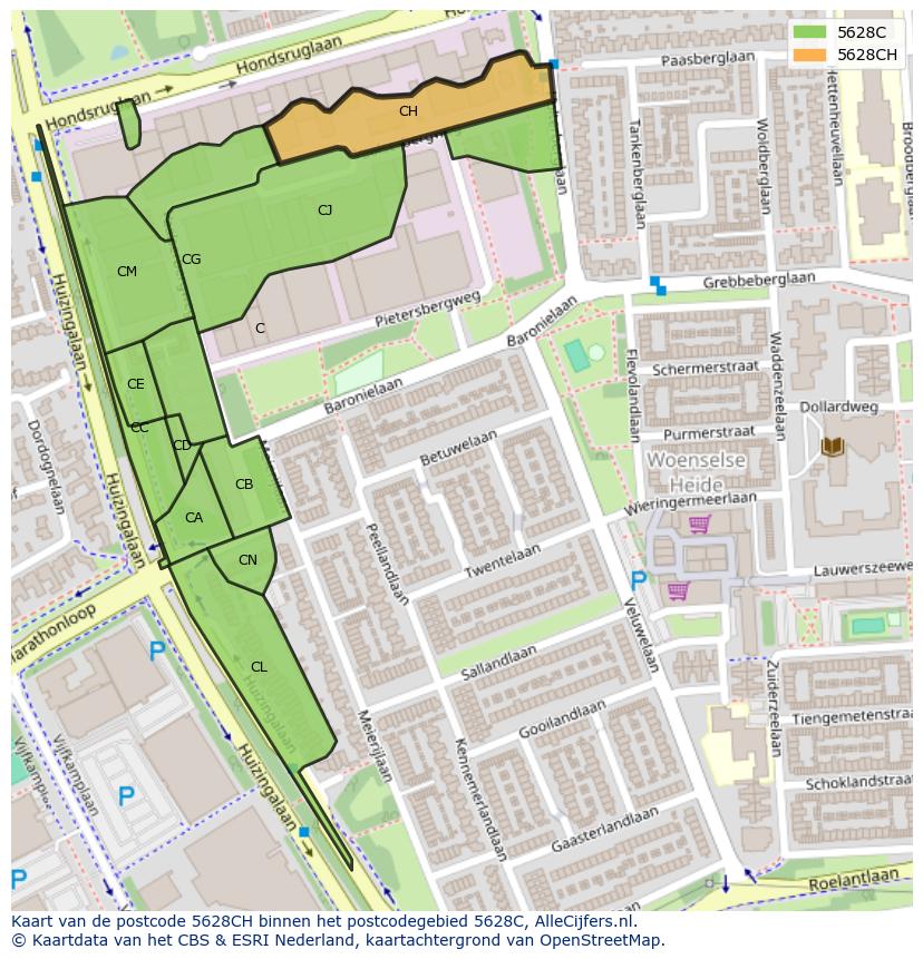Afbeelding van het postcodegebied 5628 CH op de kaart.