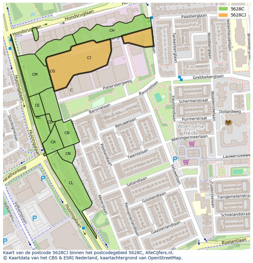 Afbeelding van het postcodegebied 5628 CJ op de kaart.