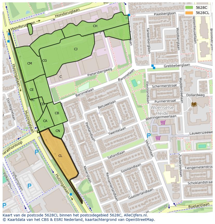 Afbeelding van het postcodegebied 5628 CL op de kaart.