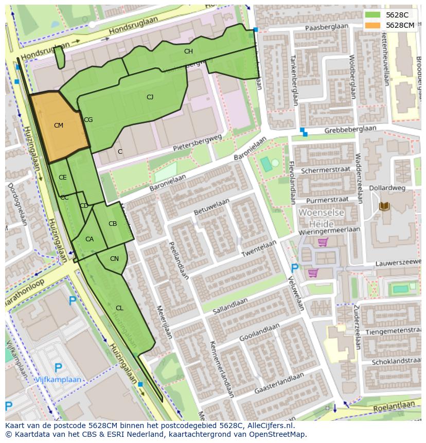Afbeelding van het postcodegebied 5628 CM op de kaart.