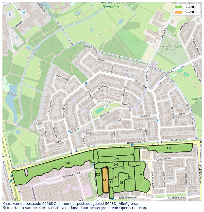 Afbeelding van het postcodegebied 5628 DG op de kaart.