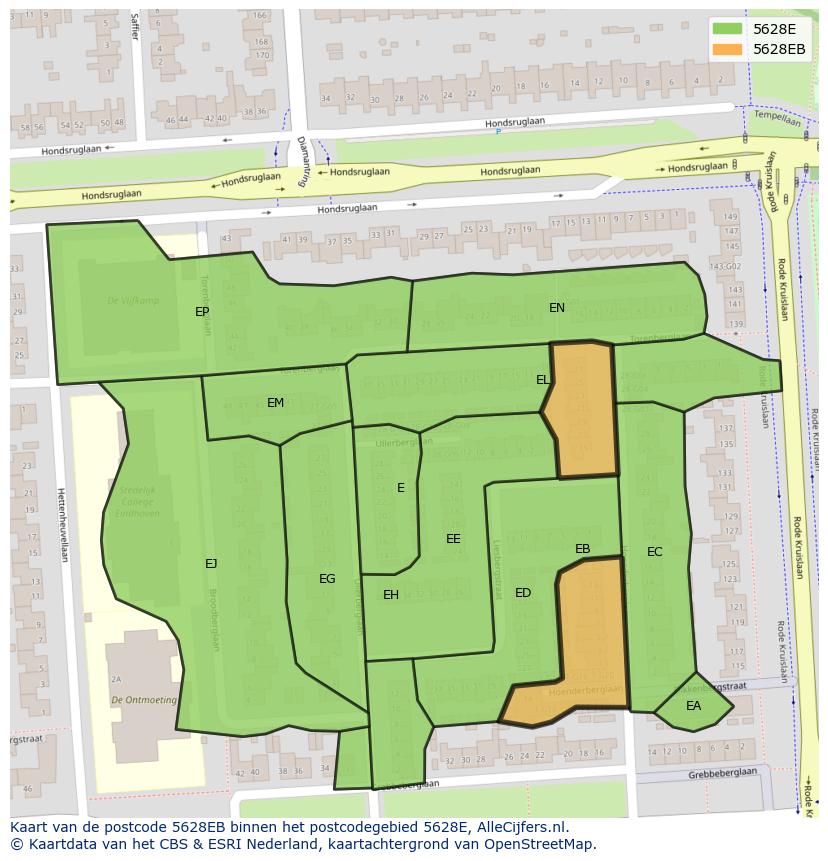 Afbeelding van het postcodegebied 5628 EB op de kaart.