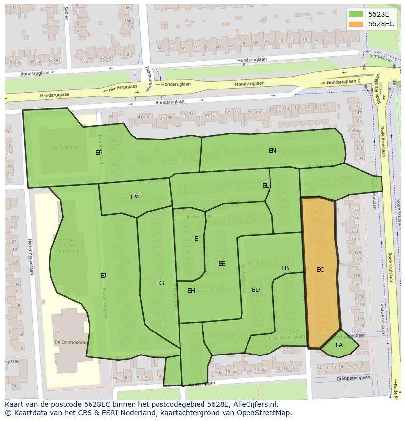 Afbeelding van het postcodegebied 5628 EC op de kaart.