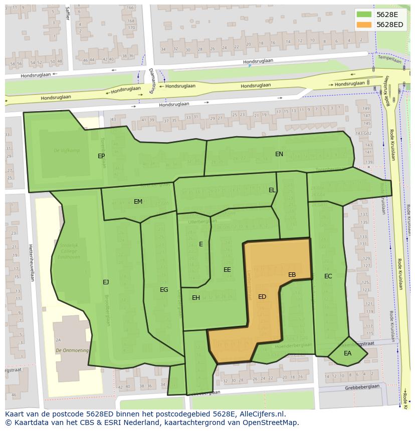 Afbeelding van het postcodegebied 5628 ED op de kaart.