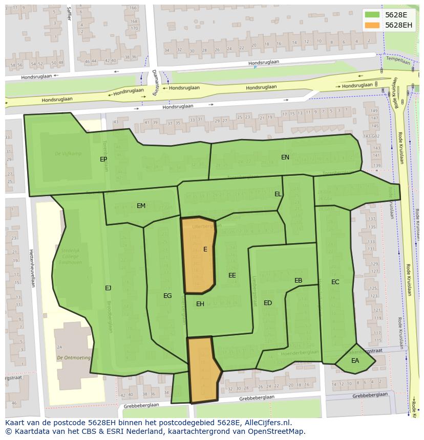 Afbeelding van het postcodegebied 5628 EH op de kaart.