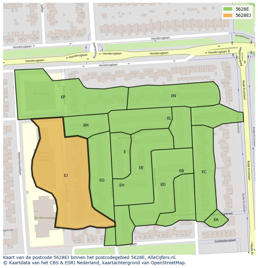Afbeelding van het postcodegebied 5628 EJ op de kaart.