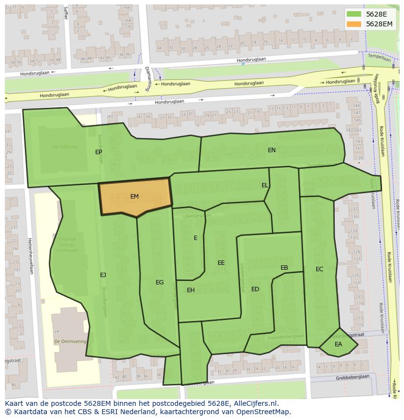 Afbeelding van het postcodegebied 5628 EM op de kaart.