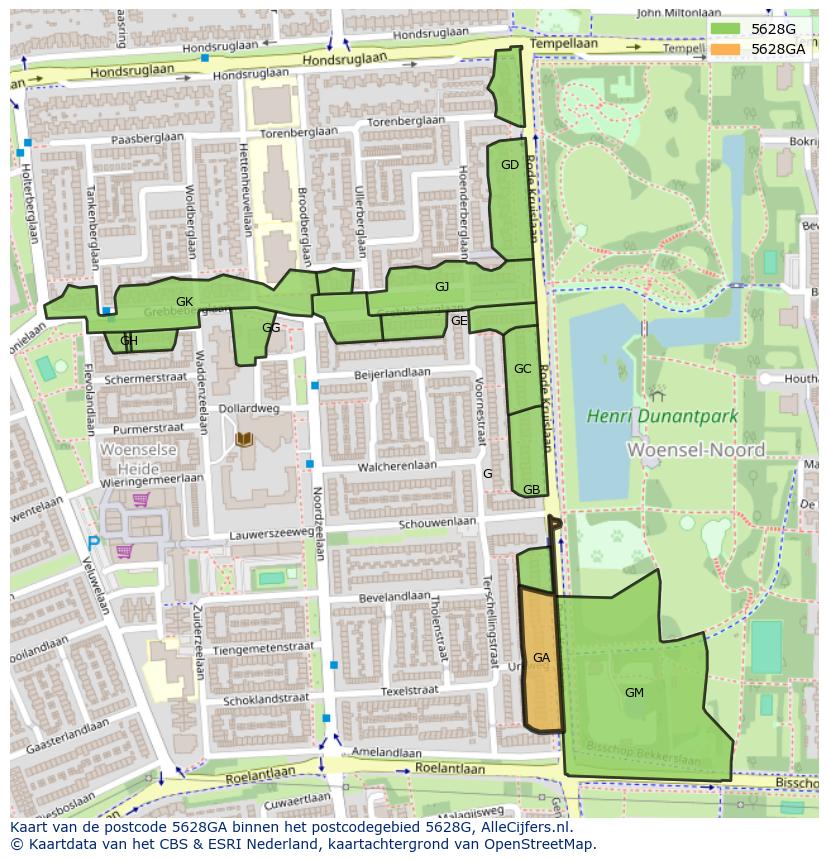Afbeelding van het postcodegebied 5628 GA op de kaart.
