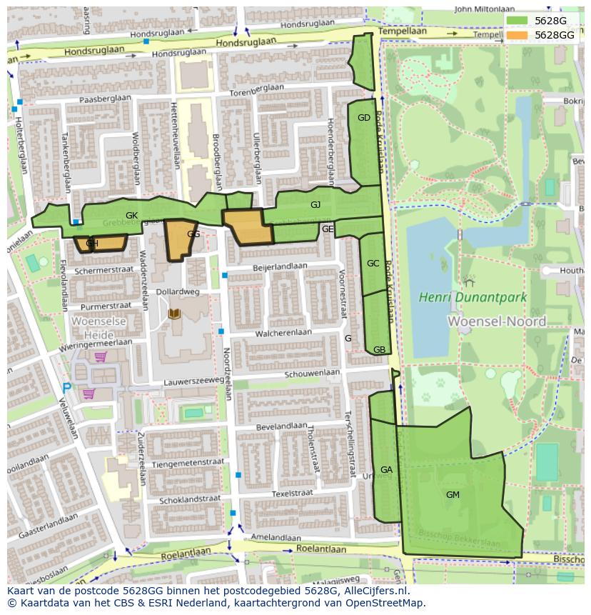 Afbeelding van het postcodegebied 5628 GG op de kaart.