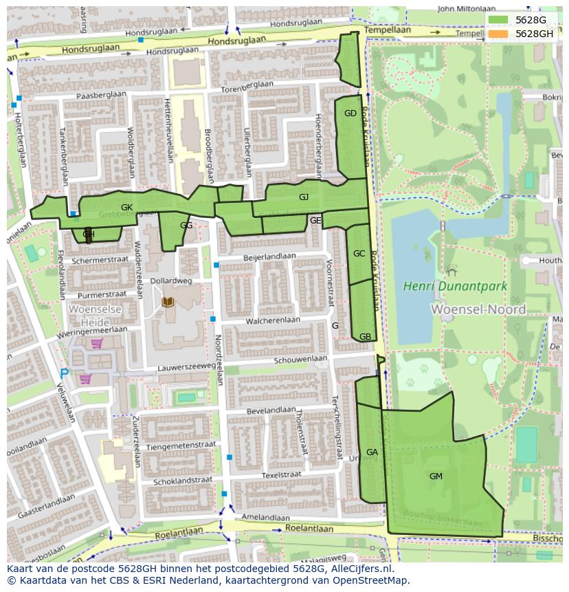 Afbeelding van het postcodegebied 5628 GH op de kaart.