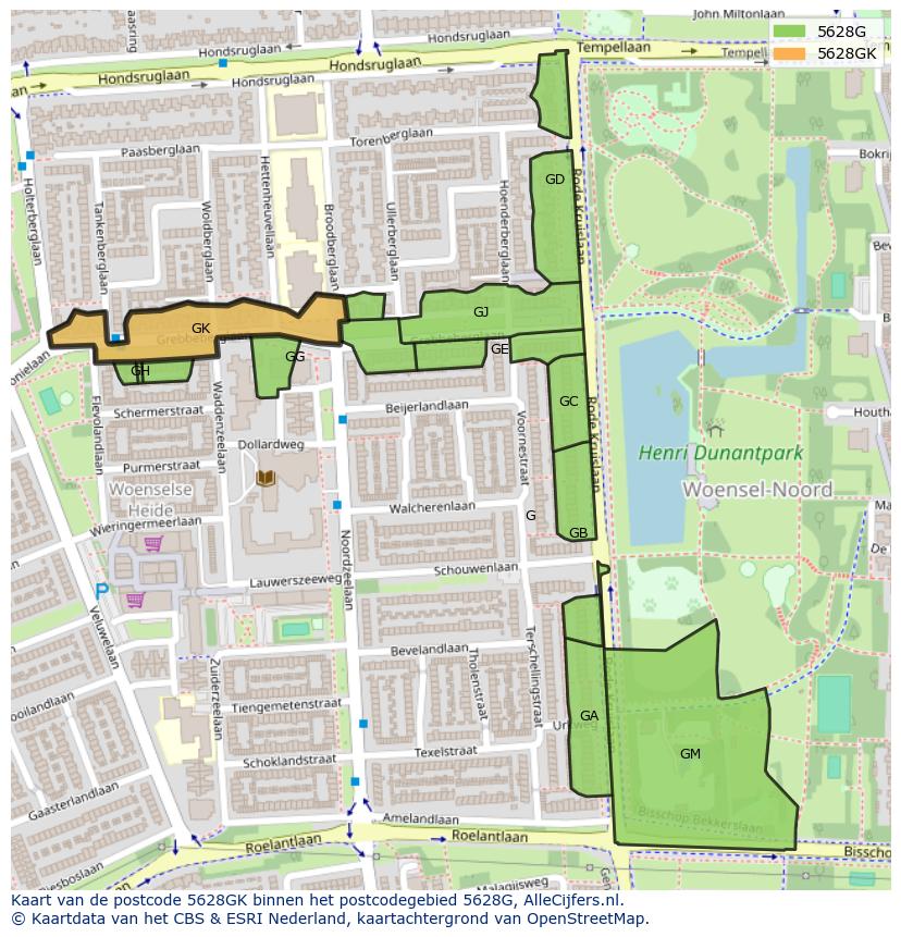 Afbeelding van het postcodegebied 5628 GK op de kaart.