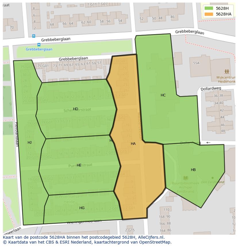 Afbeelding van het postcodegebied 5628 HA op de kaart.