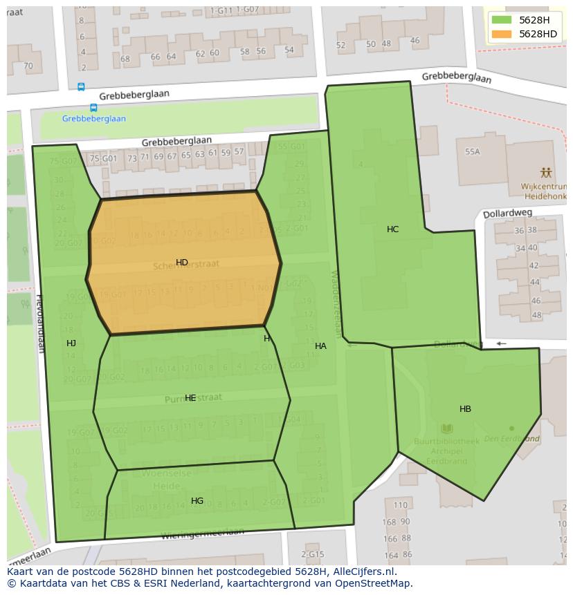 Afbeelding van het postcodegebied 5628 HD op de kaart.