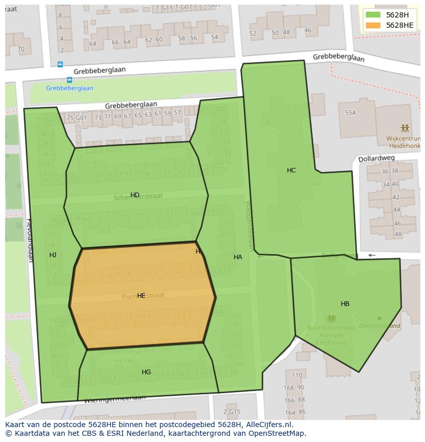 Afbeelding van het postcodegebied 5628 HE op de kaart.