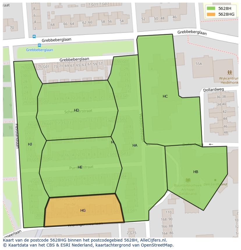 Afbeelding van het postcodegebied 5628 HG op de kaart.