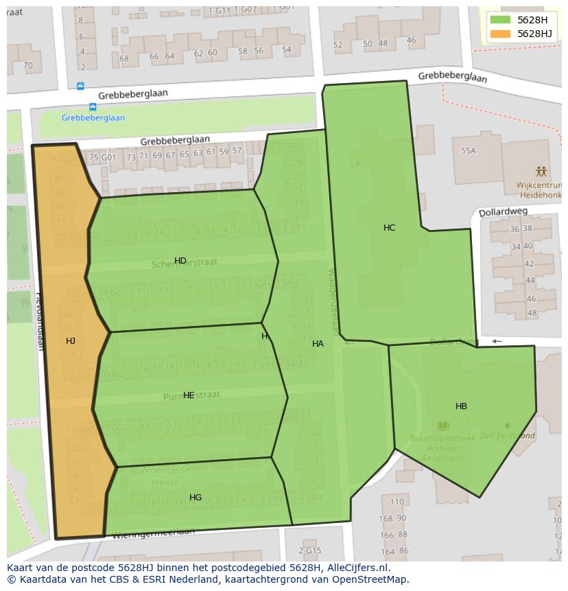 Afbeelding van het postcodegebied 5628 HJ op de kaart.