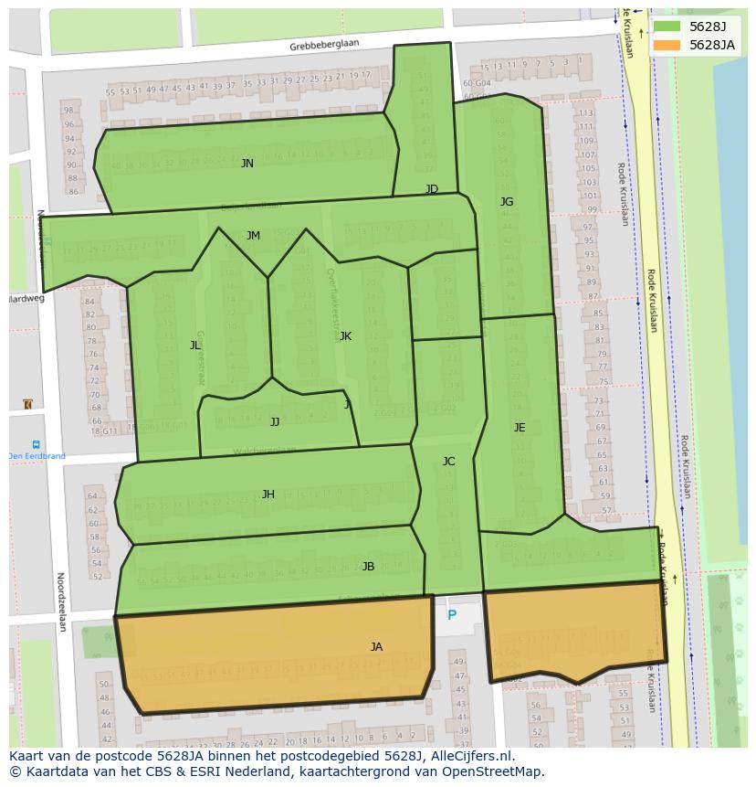 Afbeelding van het postcodegebied 5628 JA op de kaart.