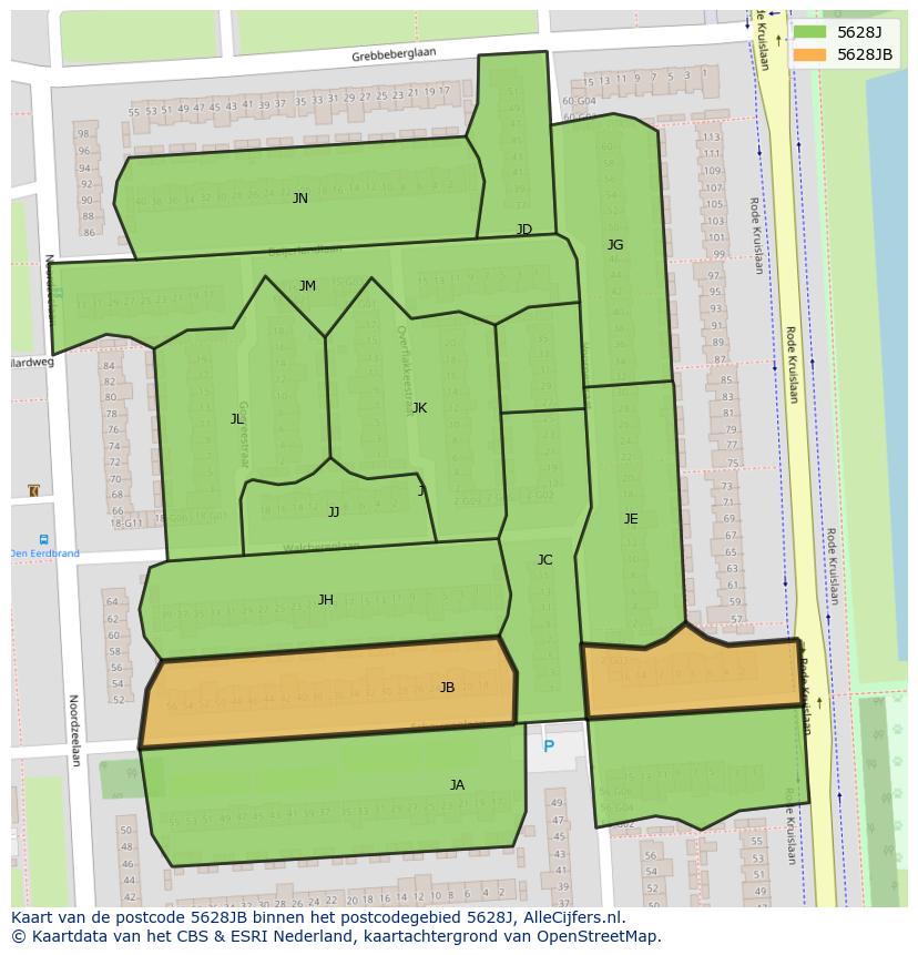 Afbeelding van het postcodegebied 5628 JB op de kaart.