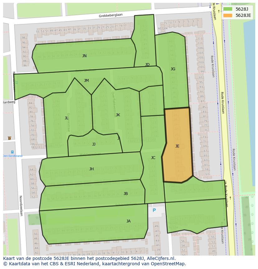 Afbeelding van het postcodegebied 5628 JE op de kaart.