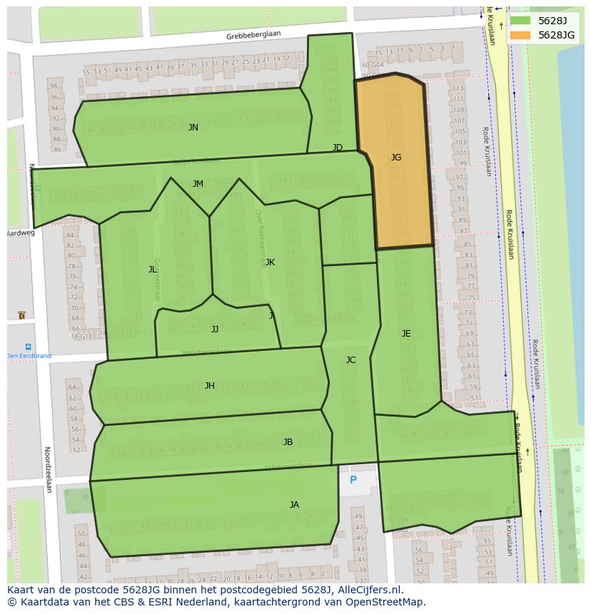 Afbeelding van het postcodegebied 5628 JG op de kaart.