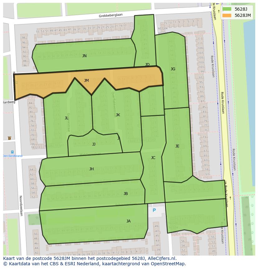 Afbeelding van het postcodegebied 5628 JM op de kaart.