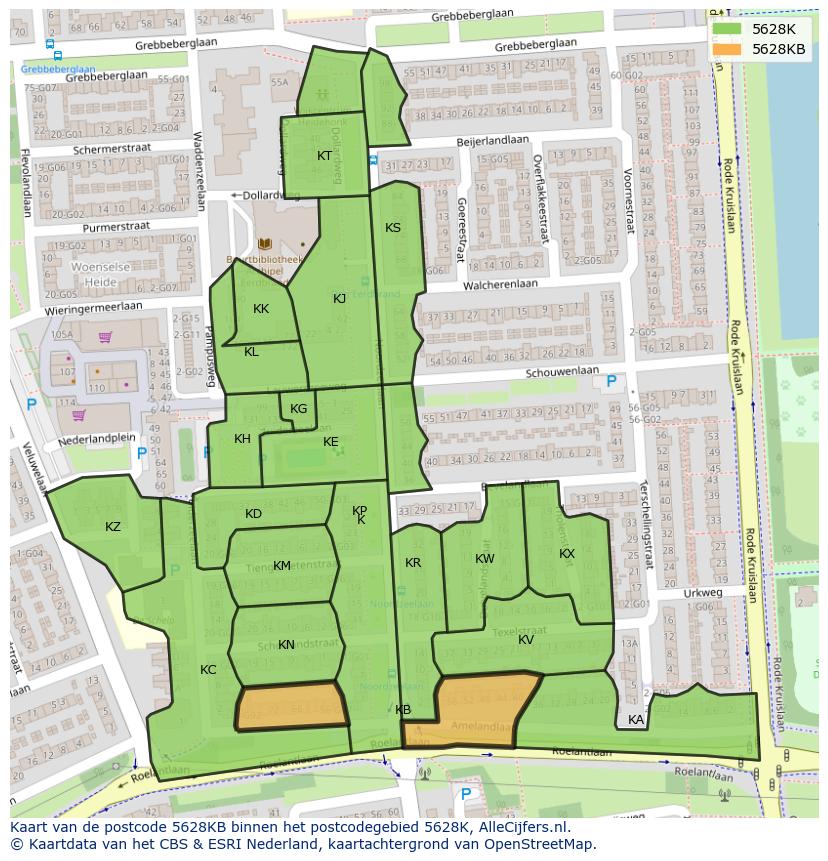 Afbeelding van het postcodegebied 5628 KB op de kaart.