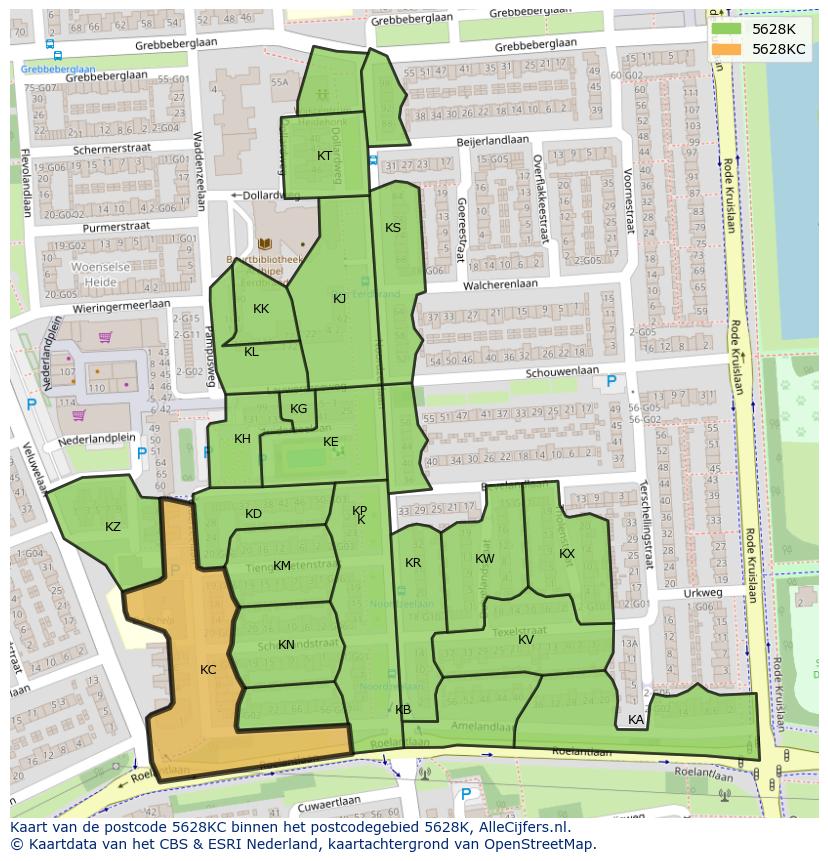 Afbeelding van het postcodegebied 5628 KC op de kaart.