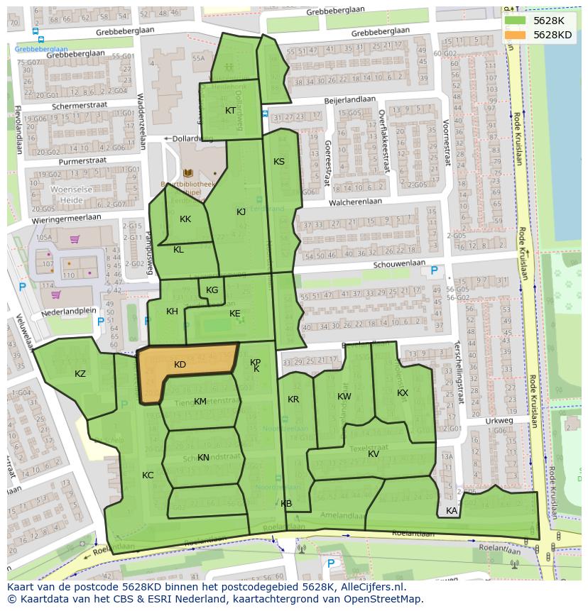 Afbeelding van het postcodegebied 5628 KD op de kaart.