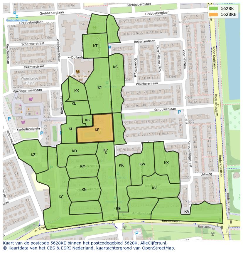 Afbeelding van het postcodegebied 5628 KE op de kaart.