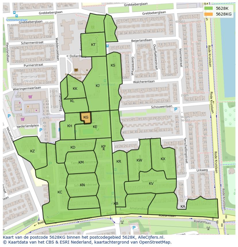 Afbeelding van het postcodegebied 5628 KG op de kaart.