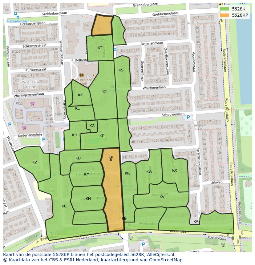 Afbeelding van het postcodegebied 5628 KP op de kaart.