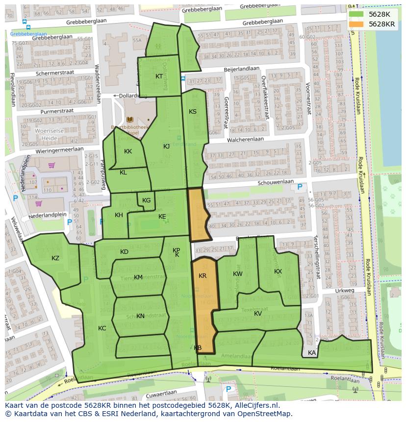 Afbeelding van het postcodegebied 5628 KR op de kaart.