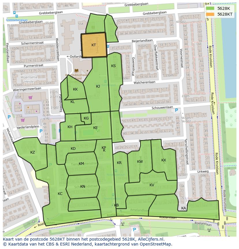 Afbeelding van het postcodegebied 5628 KT op de kaart.