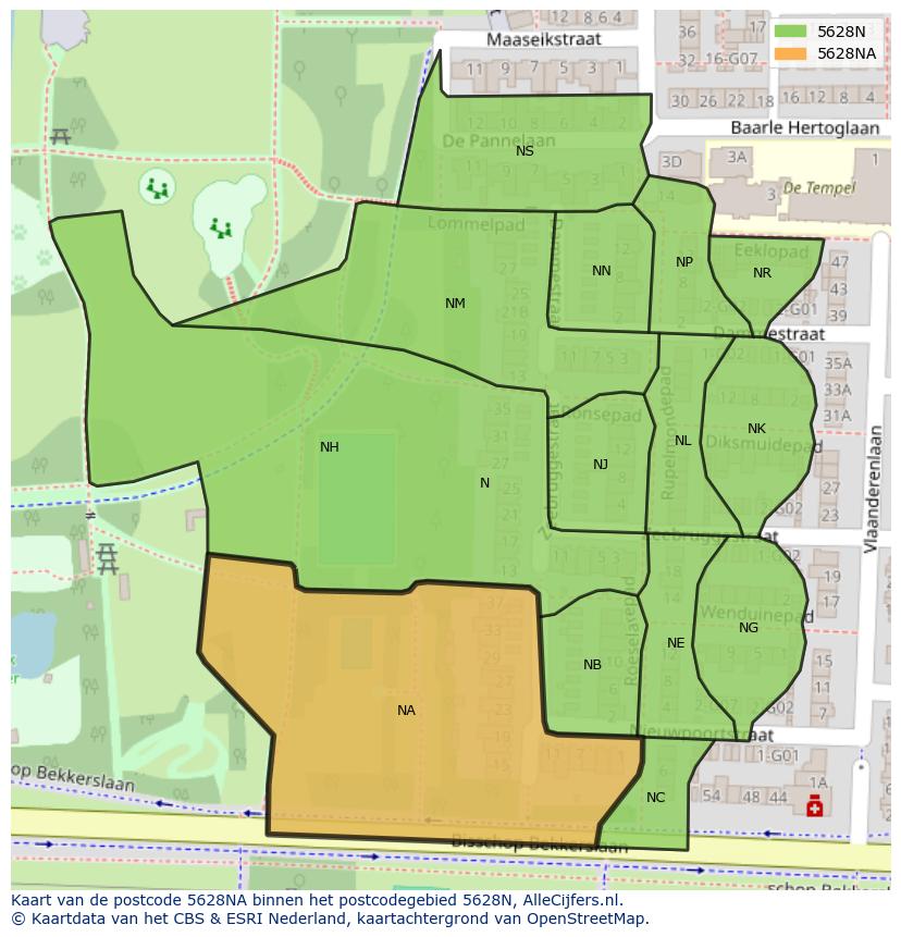 Afbeelding van het postcodegebied 5628 NA op de kaart.