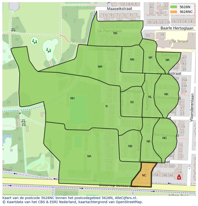 Afbeelding van het postcodegebied 5628 NC op de kaart.