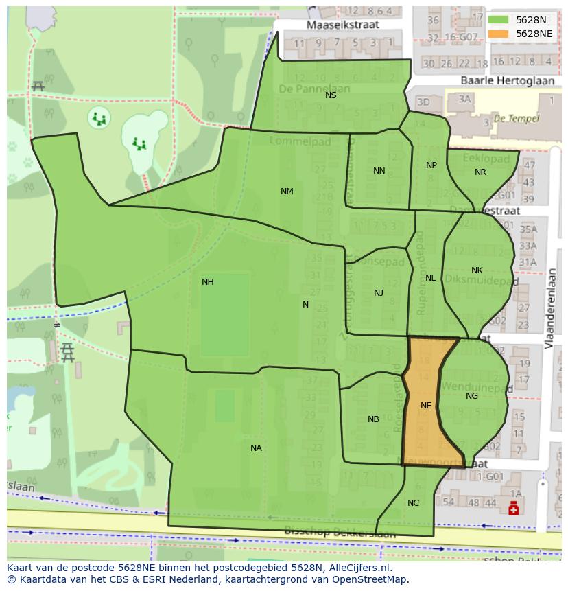 Afbeelding van het postcodegebied 5628 NE op de kaart.