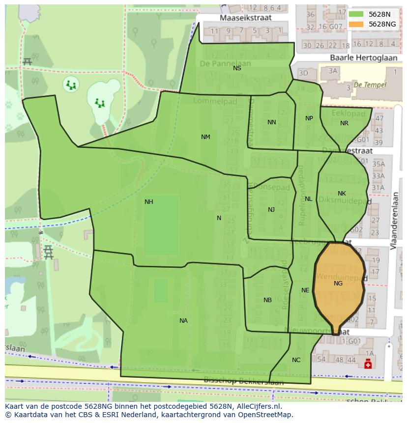Afbeelding van het postcodegebied 5628 NG op de kaart.