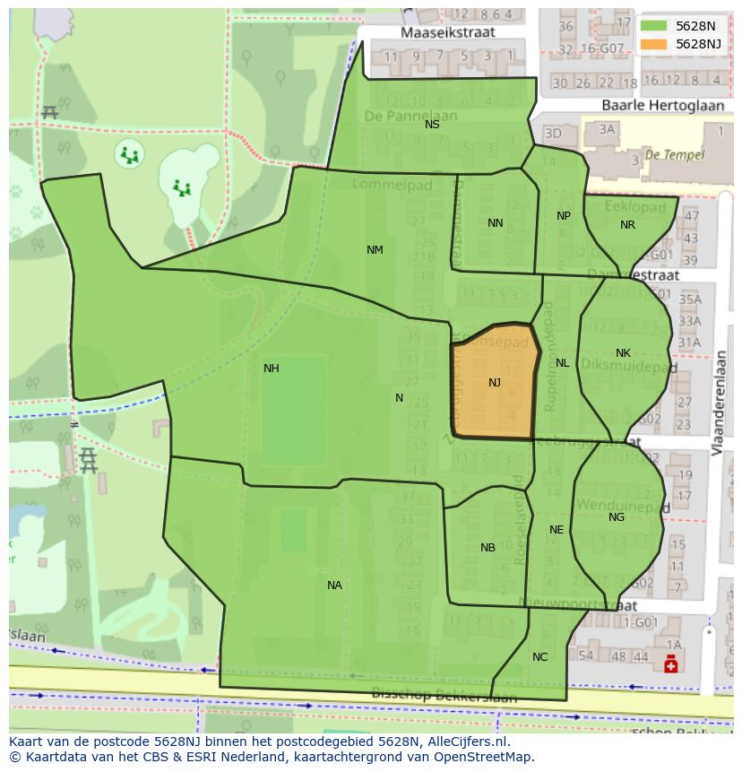 Afbeelding van het postcodegebied 5628 NJ op de kaart.