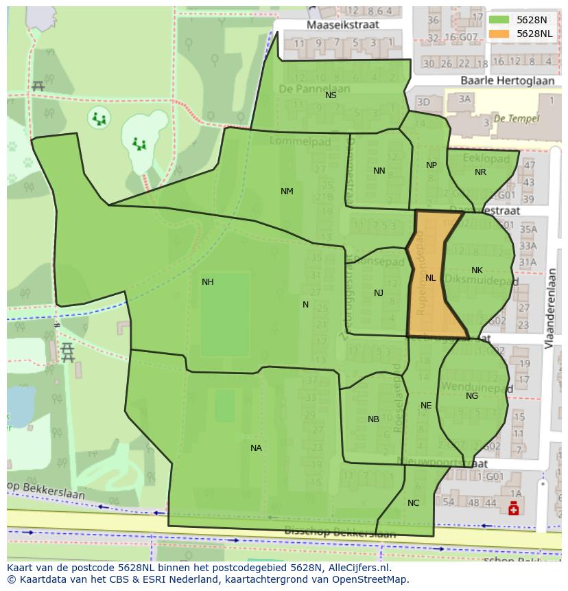 Afbeelding van het postcodegebied 5628 NL op de kaart.