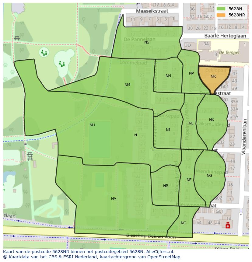 Afbeelding van het postcodegebied 5628 NR op de kaart.