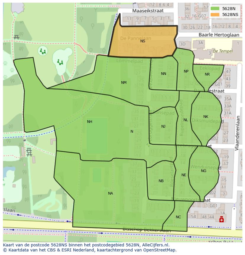 Afbeelding van het postcodegebied 5628 NS op de kaart.