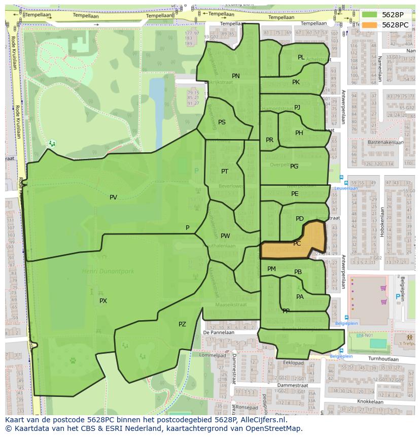 Afbeelding van het postcodegebied 5628 PC op de kaart.