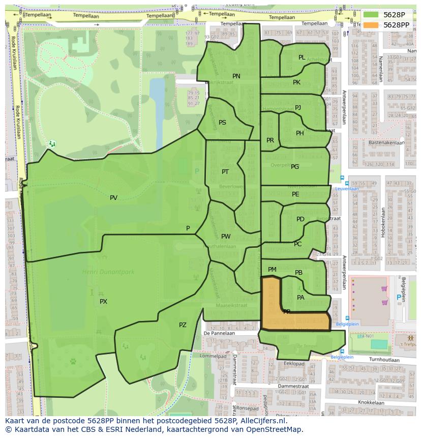 Afbeelding van het postcodegebied 5628 PP op de kaart.