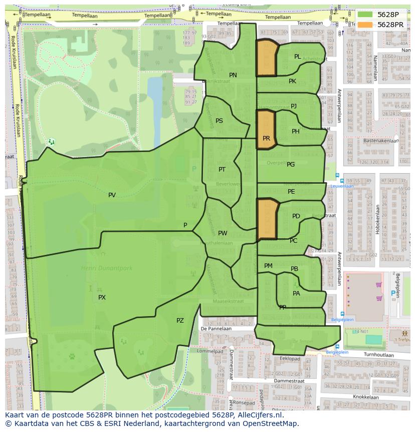 Afbeelding van het postcodegebied 5628 PR op de kaart.